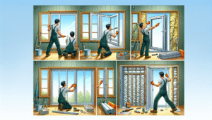 A step-by-step visual of a contractor replacing an old aluminum window with a new, modern window unit, showing both interior and exterior perspectives for clarity.