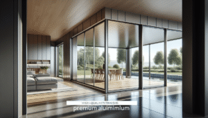 High-quality, energy-efficient aluminum windows in a modern upscale home, featuring large glass panels, stylish frames, and a beautiful panoramic view.
