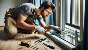 Person removing an aluminum window using basic hand tools and wearing safety gear.