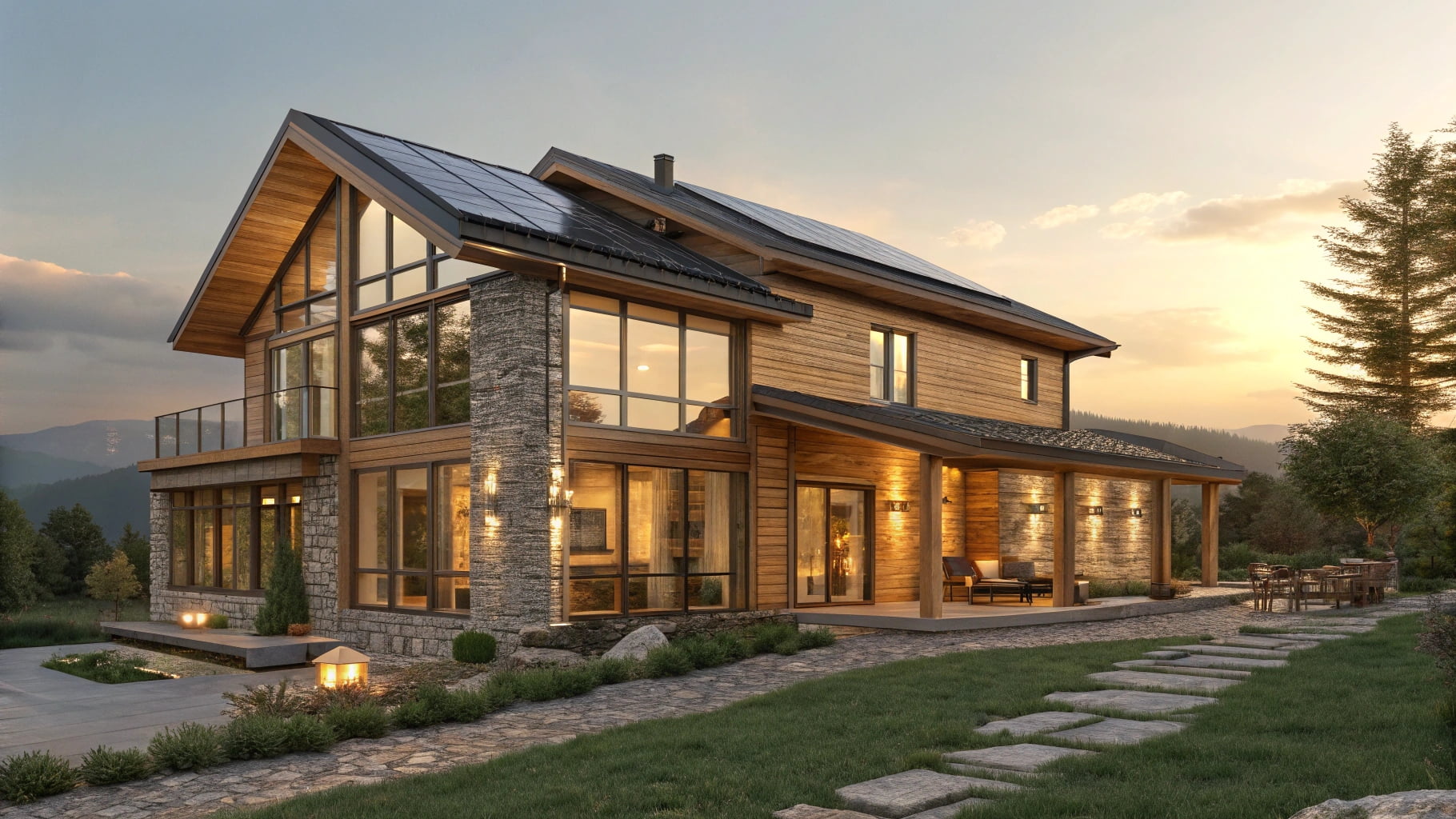 Contemporary house with large glass windows and lush garden.