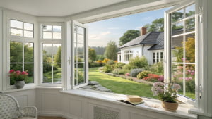 Bedroom with floor-to-ceiling glass doors opening to a garden at sunrise