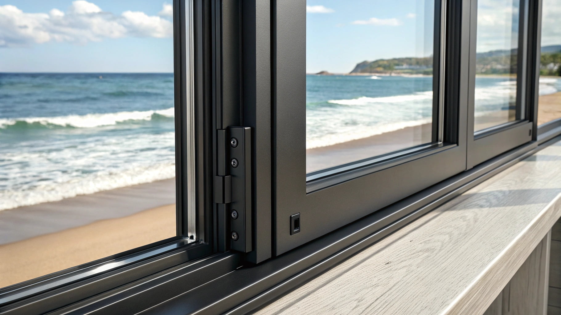 Worker installing large glass window in industrial building.