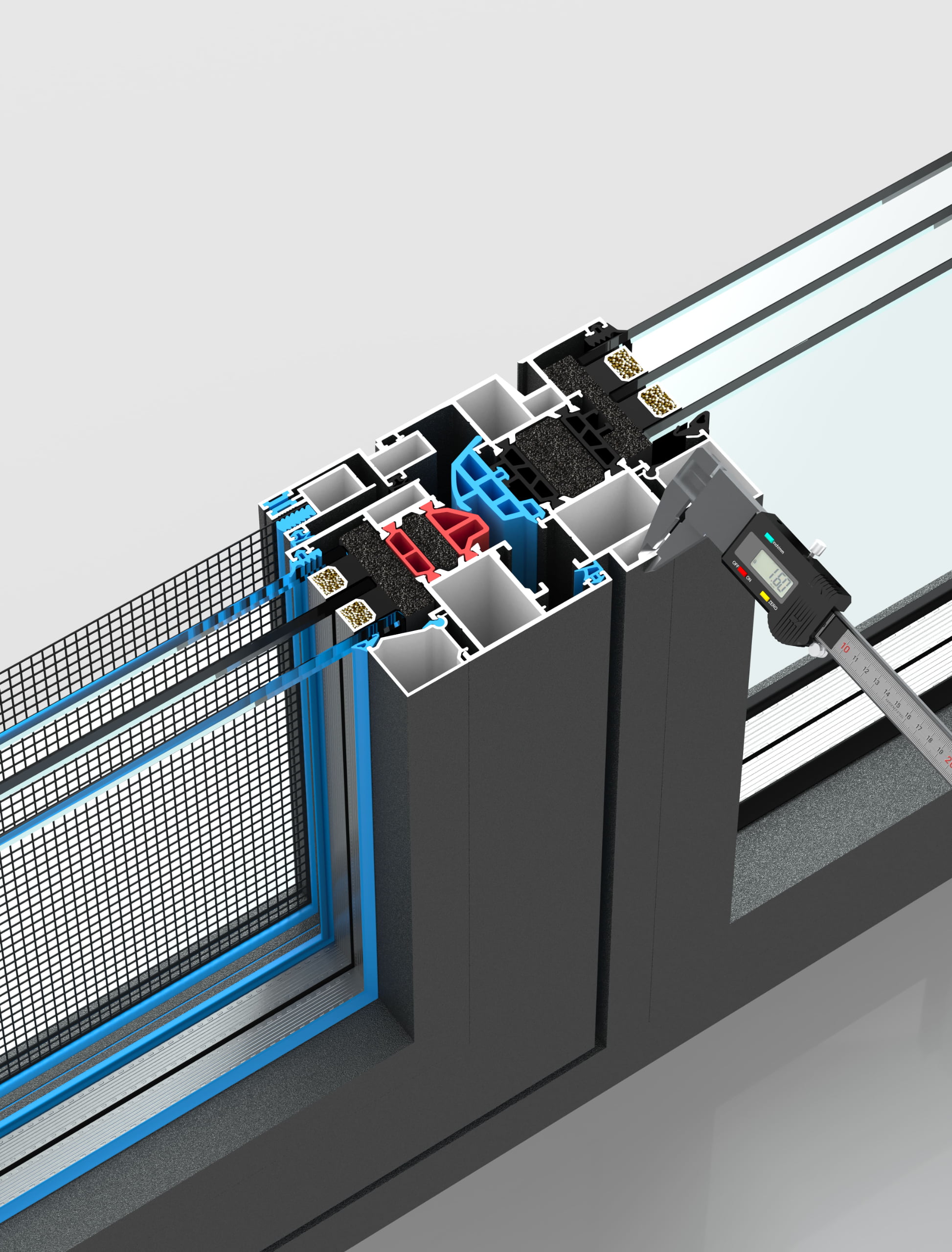 Close-up cutaway view of insulated window frame with thermal breaks.