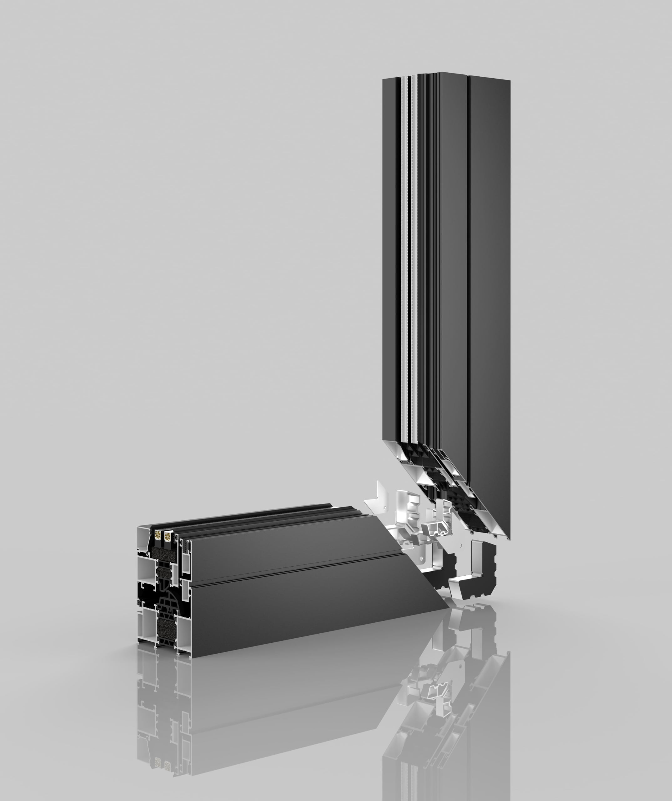 Cross-section of a window frame highlighting thermal break technology.