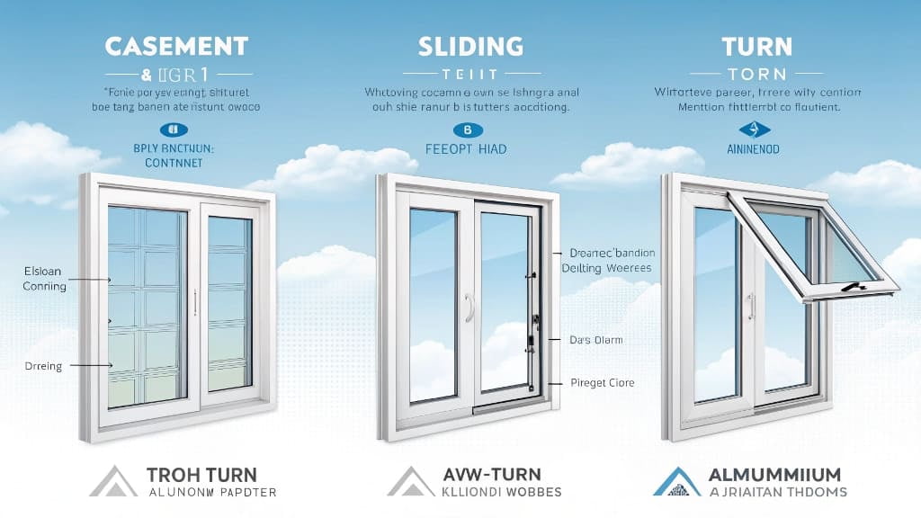 Comparison infographic illustrating casement, sliding, and turn window designs.